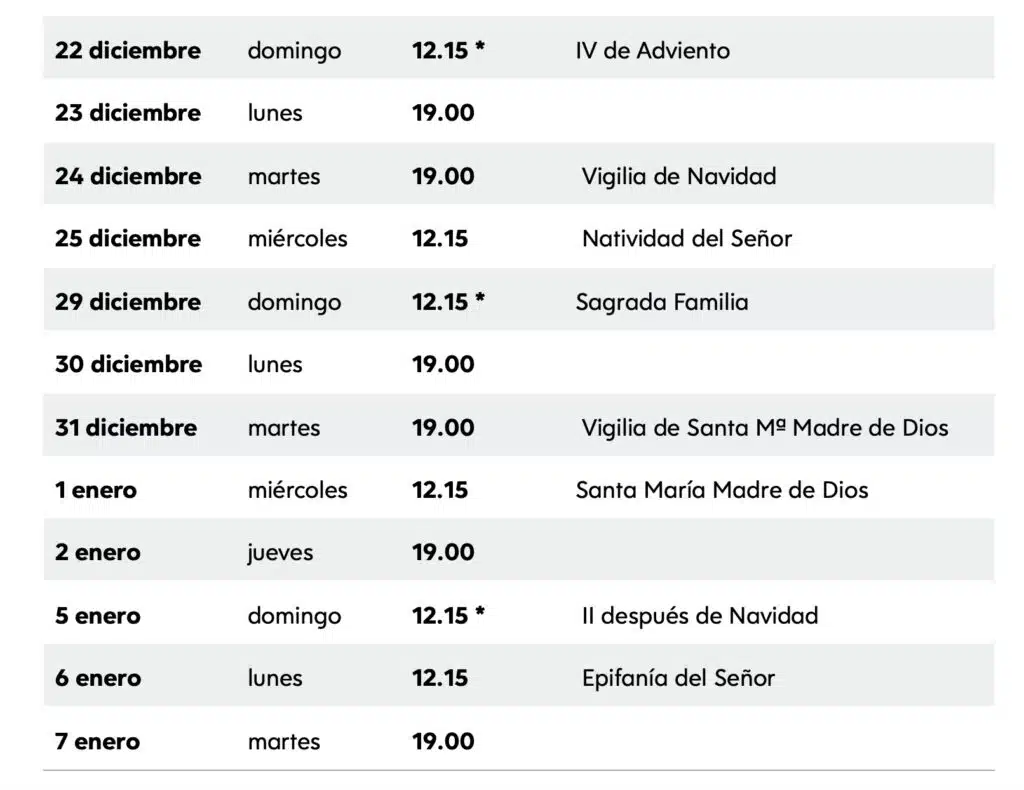 Misas del tiempo de navidad 2024